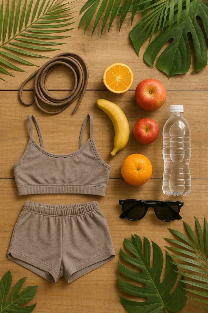 Flat lay van gezonde vakantiebenodigdheden zoals springtouw, fruit, sportkleding en waterfles